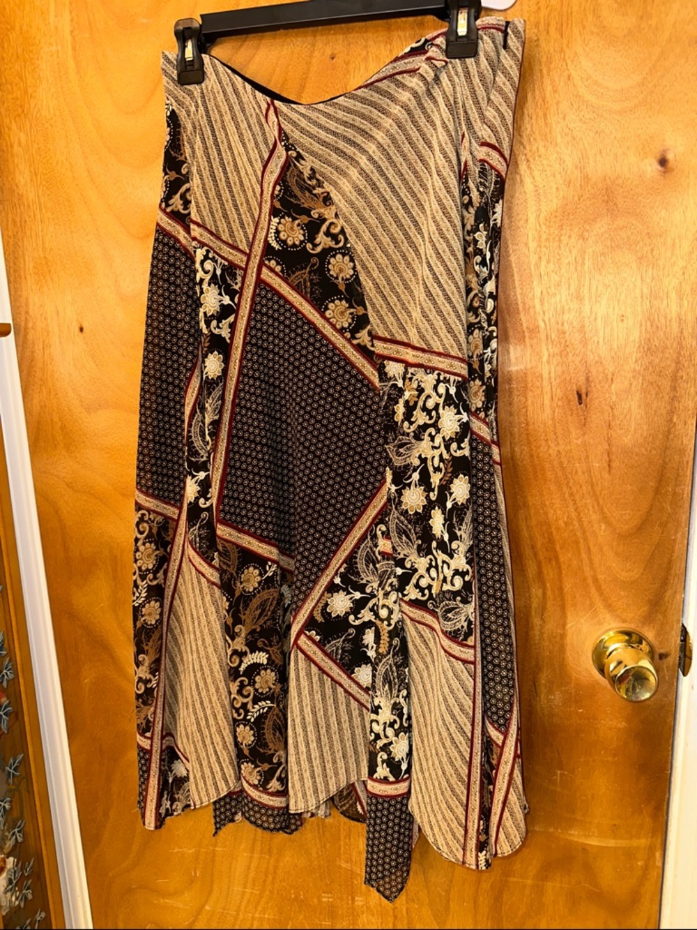 Emma James Black, Beige & Burgundy Asymmetrical Patchwork Skirt